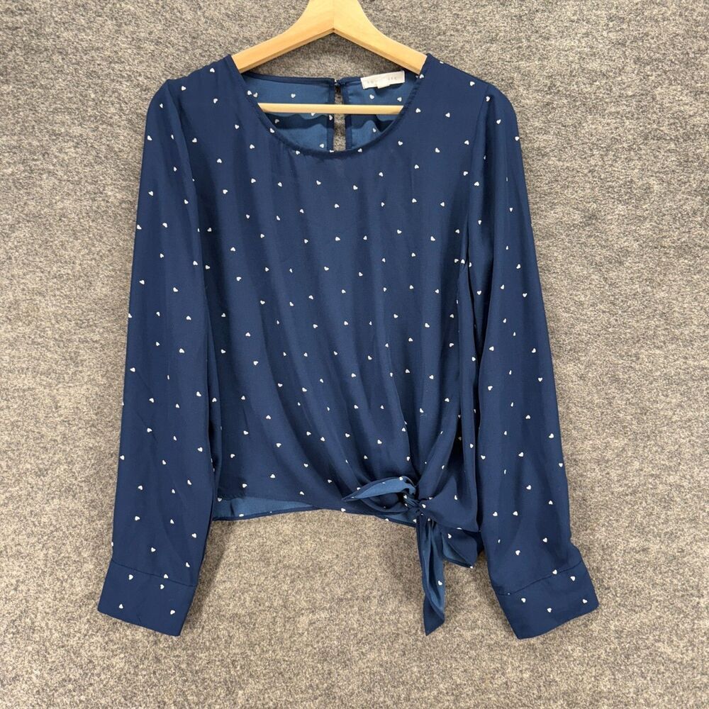 Socialite Blouse Women M Medium Blue Heart Print Long Sleeve Hook & Eye Casual